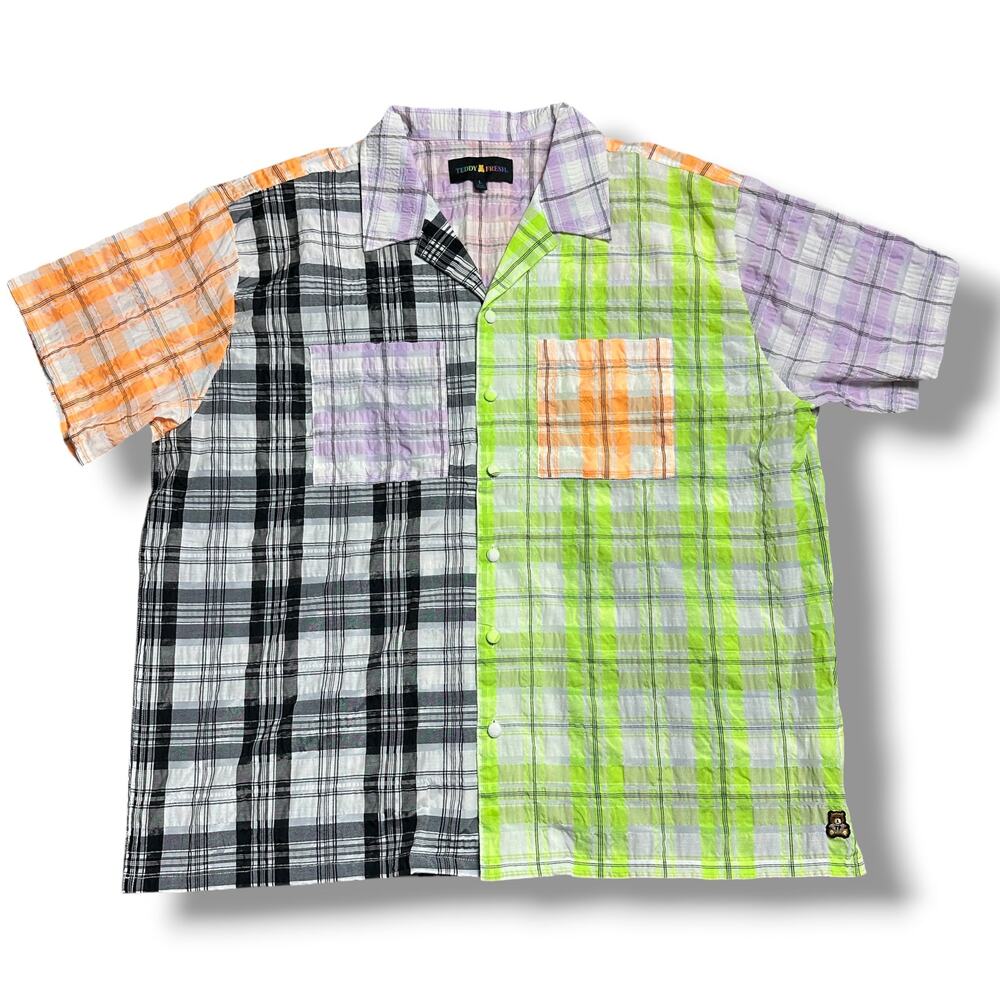 NWOT Teddy Fresh Neon Plaid Patchwork Neon Button Up Shirt Collared Shirt Sz L